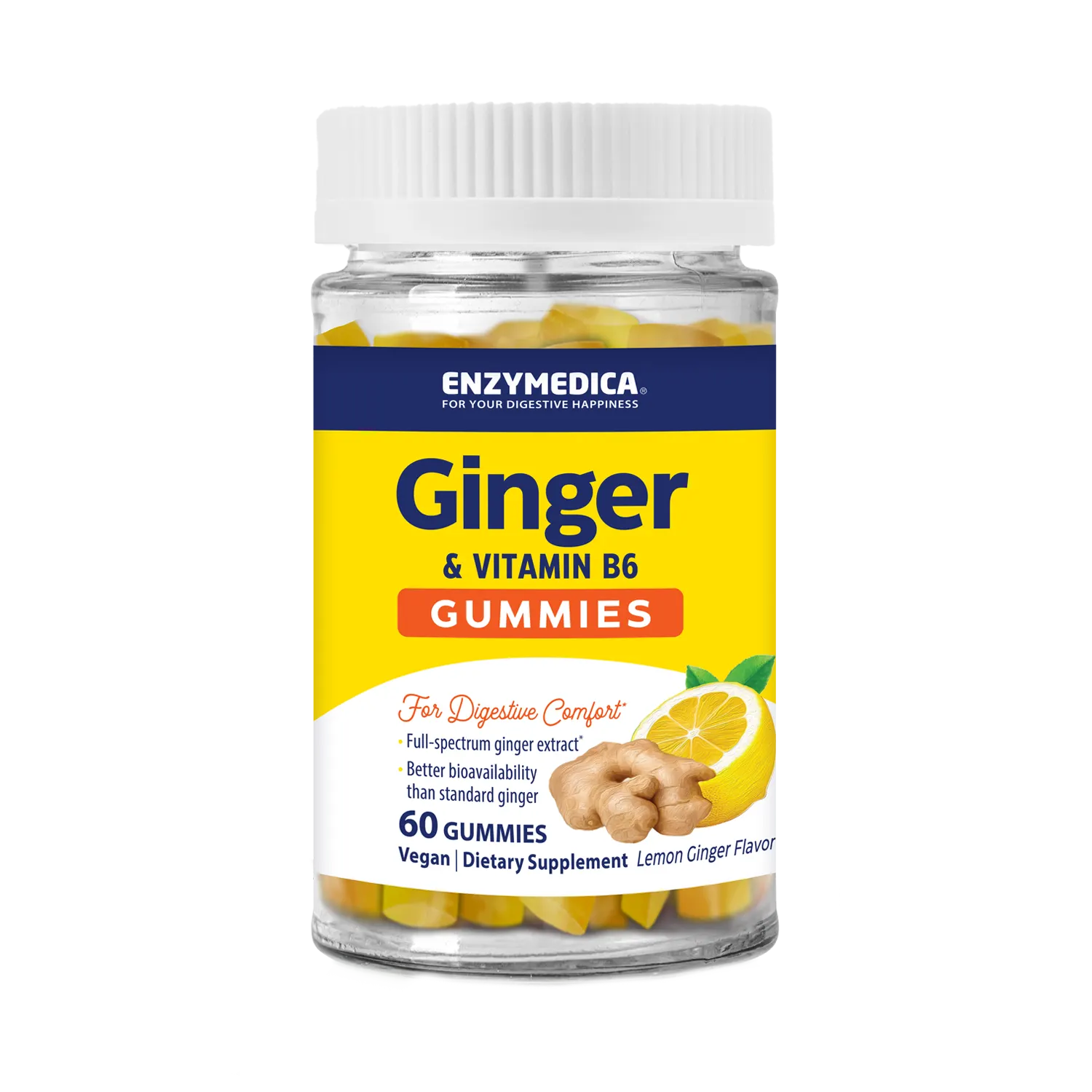 Enzymedica Ginger & Vitamin B6 Gummies bottle on white background, 60 gummies, lemon ginger flavor