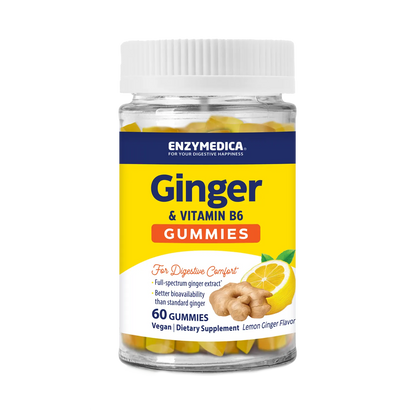 Enzymedica Ginger & Vitamin B6 Gummies bottle on white background, 60 gummies, lemon ginger flavor