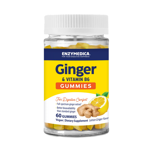 Enzymedica Ginger & Vitamin B6 Gummies bottle on white background, 60 gummies, lemon ginger flavor