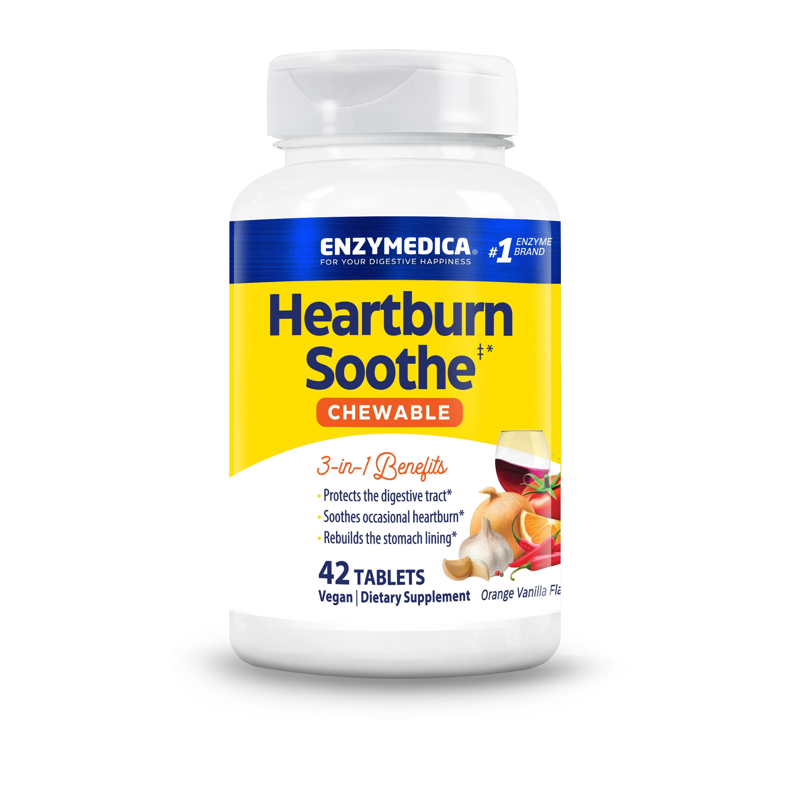 Front-facing bottle shot of Enzymedica Heartburn Soothe Chewable, 42 tablets, orange vanilla flavor, on a transparent background.
