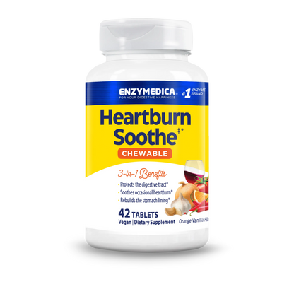 Front-facing bottle shot of Enzymedica Heartburn Soothe Chewable, 42 tablets, orange vanilla flavor, on a transparent background.
