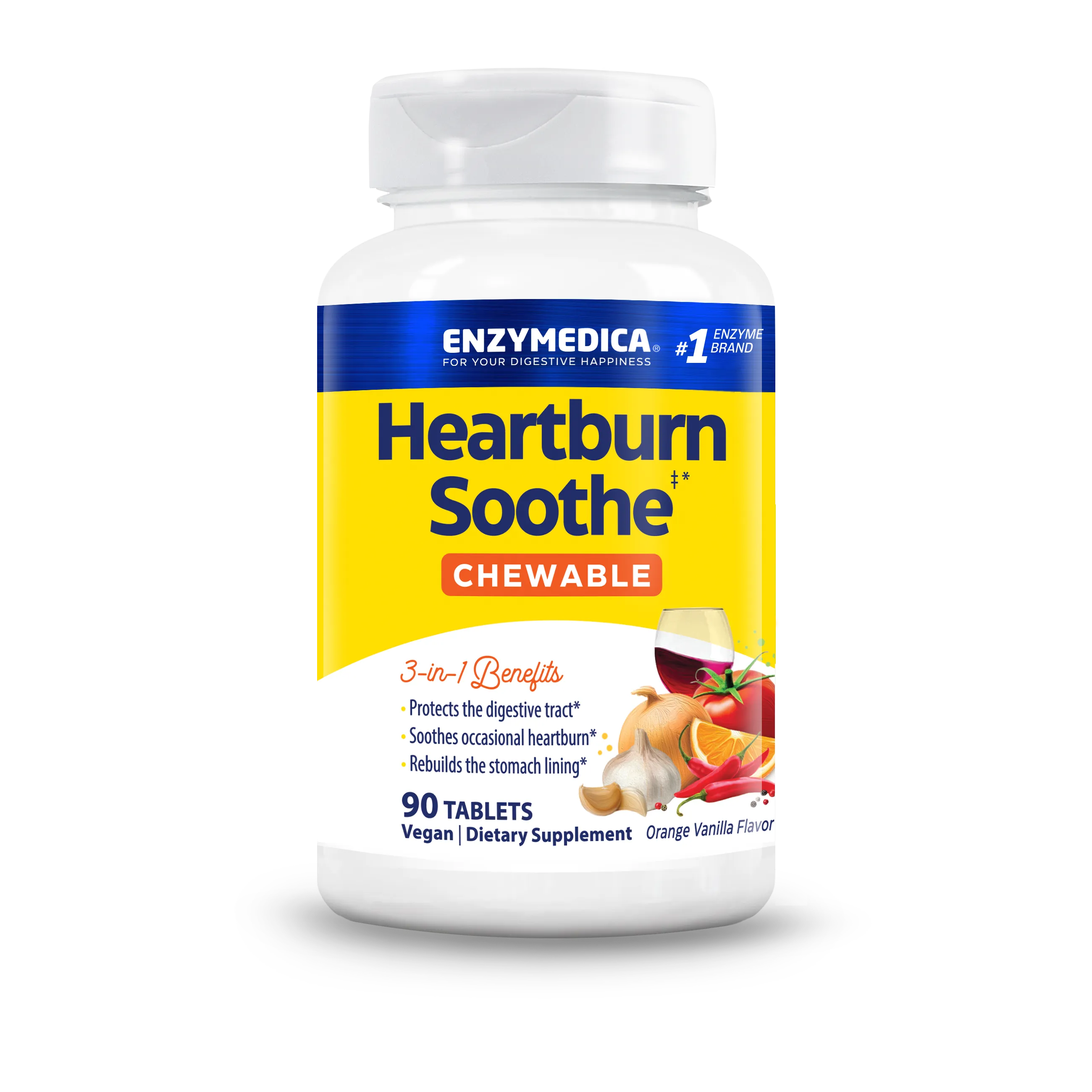 Front-facing bottle shot of Enzymedica Heartburn Soothe Chewable, 90 tablets, orange vanilla flavor, on a transparent background.
