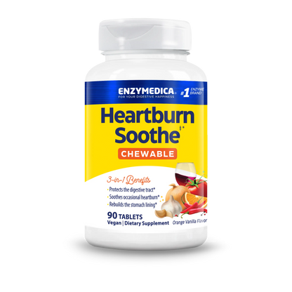 Front-facing bottle shot of Enzymedica Heartburn Soothe Chewable, 90 tablets, orange vanilla flavor, on a transparent background.