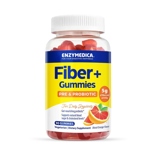 This image shows a bottle of Fiber + Gummies that hold 90 gummies.