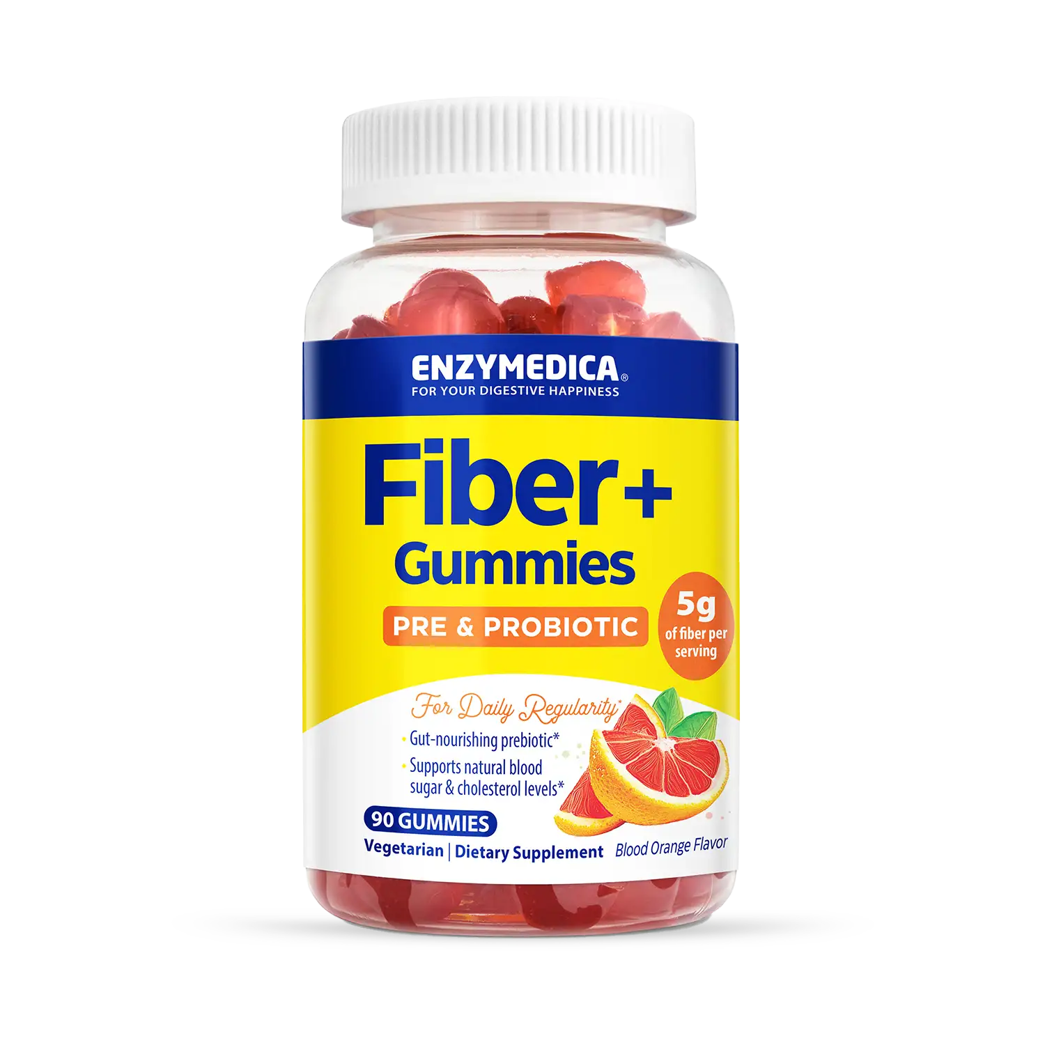 This image shows a bottle of Fiber + Gummies that hold 90 gummies.