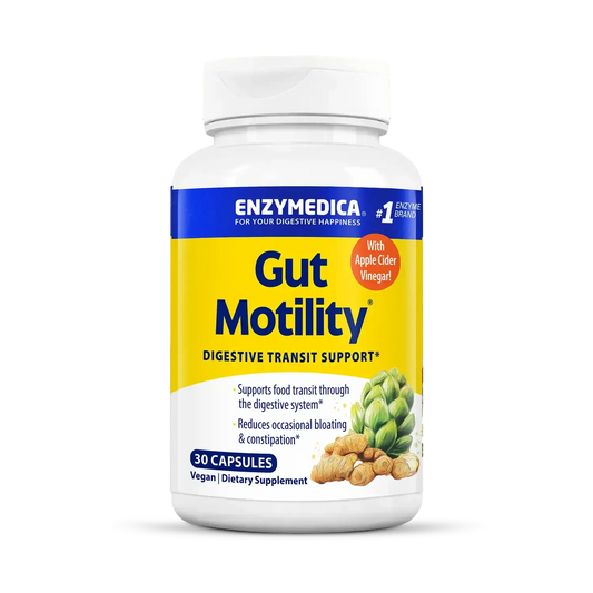 This image shows a Gut Motility bottle that holds 30 capsules.