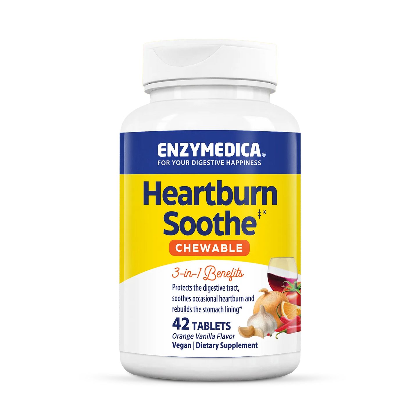 Enzymedica Heartburn Soothe chewable supplement bottle on a white background