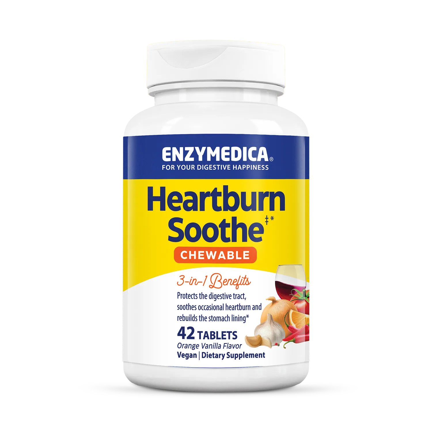 Enzymedica Heartburn Soothe chewable supplement bottle on a white background