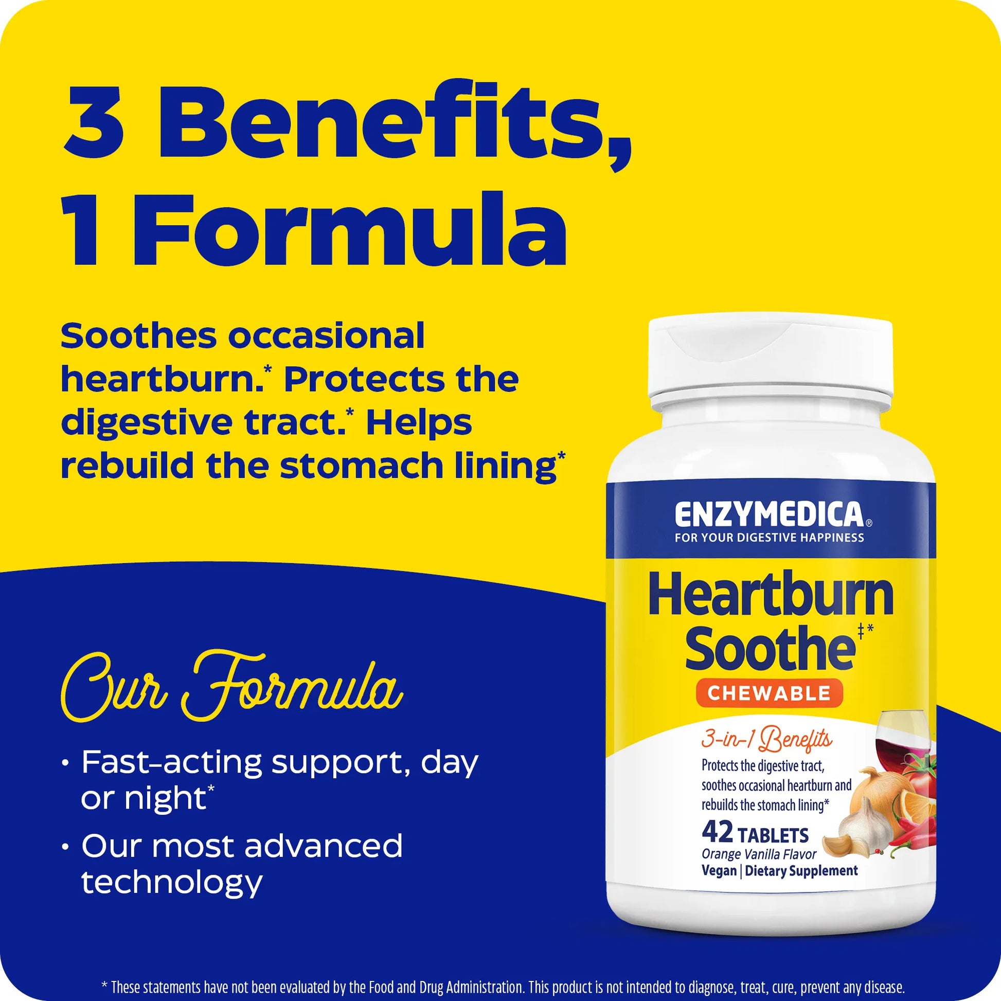 Enzymedica Heartburn Soothe chewable supplement bottle with promotional text on a yellow and blue background