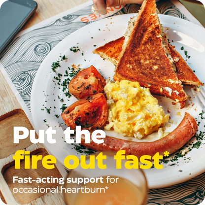 Breakfast plate with toast, eggs, sausage, and tomatoes overlaid with text: Put the fire out fast, fast-acting support for occasional heartburn.