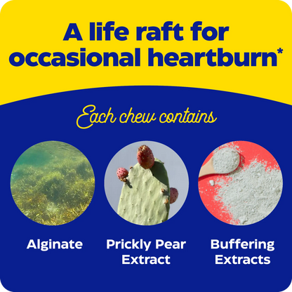 Ingredient graphic for Heartburn Soothe showing alginate, prickly pear extract, and buffering extracts as key components in each chew.