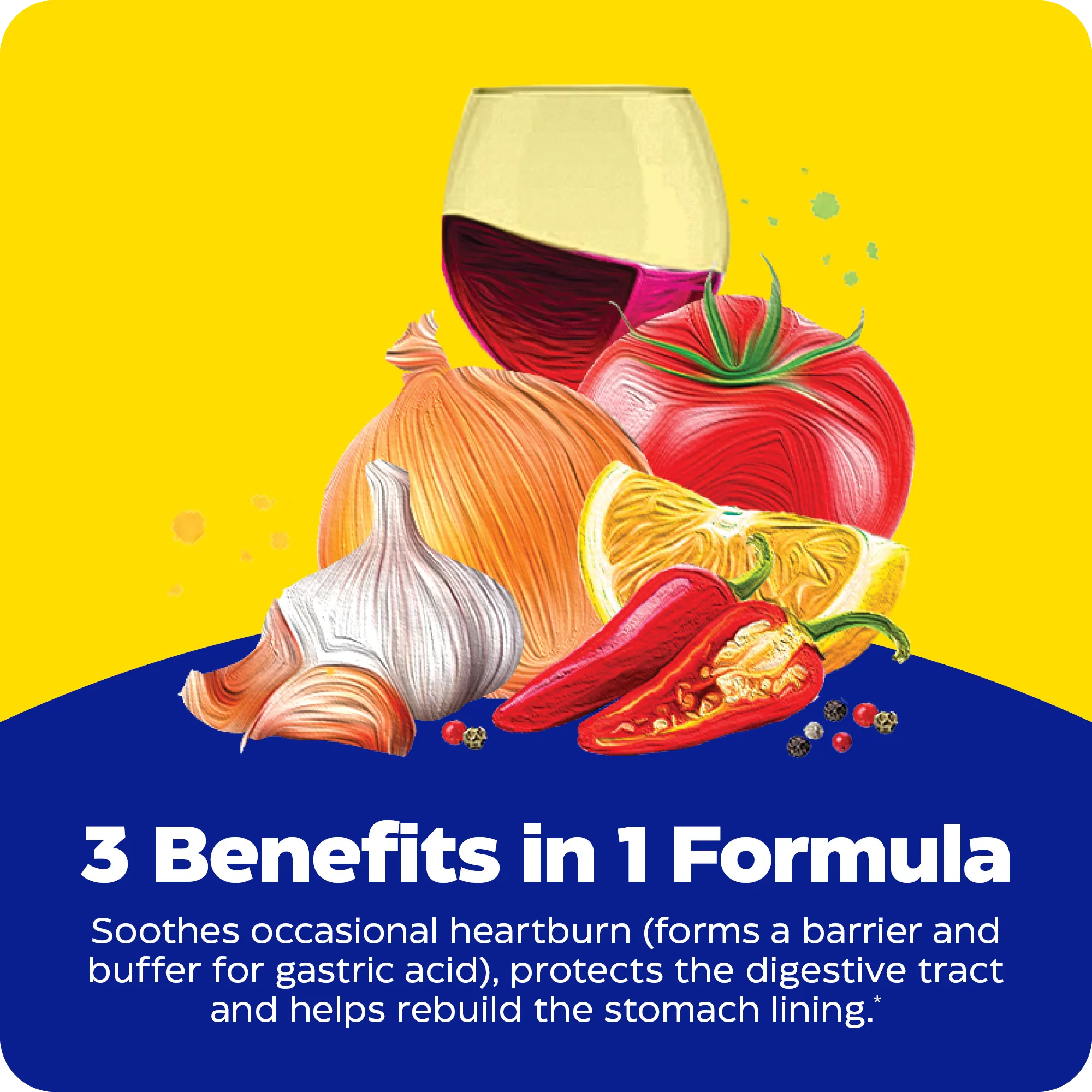 Illustrated food graphic with wine, tomato, onion, garlic, citrus, and chili pepper highlighting Heartburn Soothe’s 3 benefits in 1 formula.