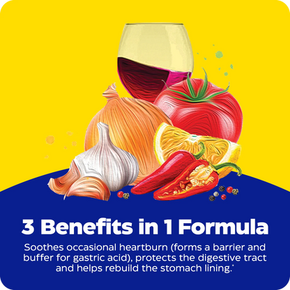 Illustrated food graphic with wine, tomato, onion, garlic, citrus, and chili pepper highlighting Heartburn Soothe’s 3 benefits in 1 formula.