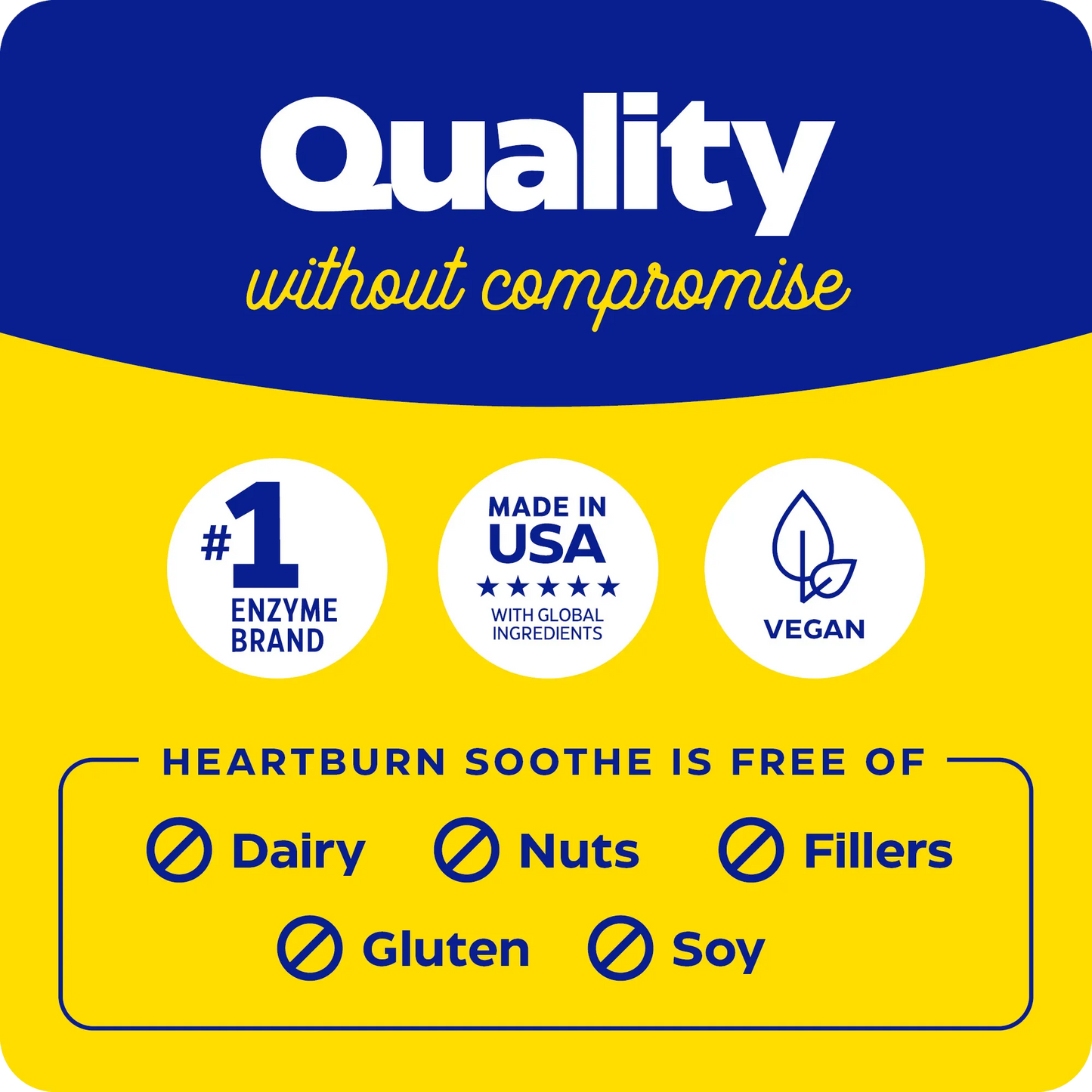 Heartburn Soothe quality graphic featuring badges for #1 enzyme brand, made in USA with global ingredients, vegan, and free from dairy, nuts, fillers, gluten, and soy.