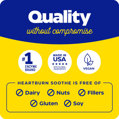 Heartburn Soothe quality graphic featuring badges for #1 enzyme brand, made in USA with global ingredients, vegan, and free from dairy, nuts, fillers, gluten, and soy.