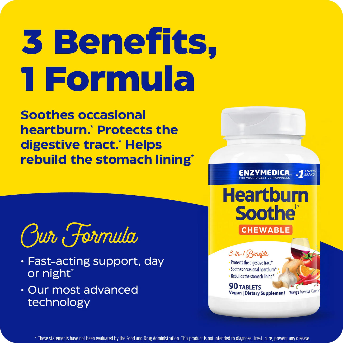 Heartburn Soothe Chewable bottle graphic highlighting 3 benefits in 1 formula: soothes occasional heartburn, protects the digestive tract, and helps rebuild the stomach lining.