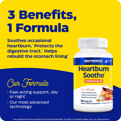 Heartburn Soothe Chewable bottle graphic highlighting 3 benefits in 1 formula: soothes occasional heartburn, protects the digestive tract, and helps rebuild the stomach lining.