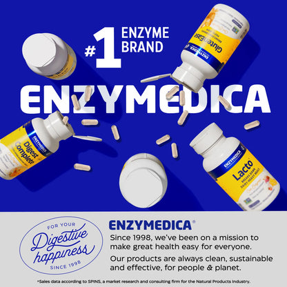 Enzymedica supplement bottles and capsules on a blue background with brand text.