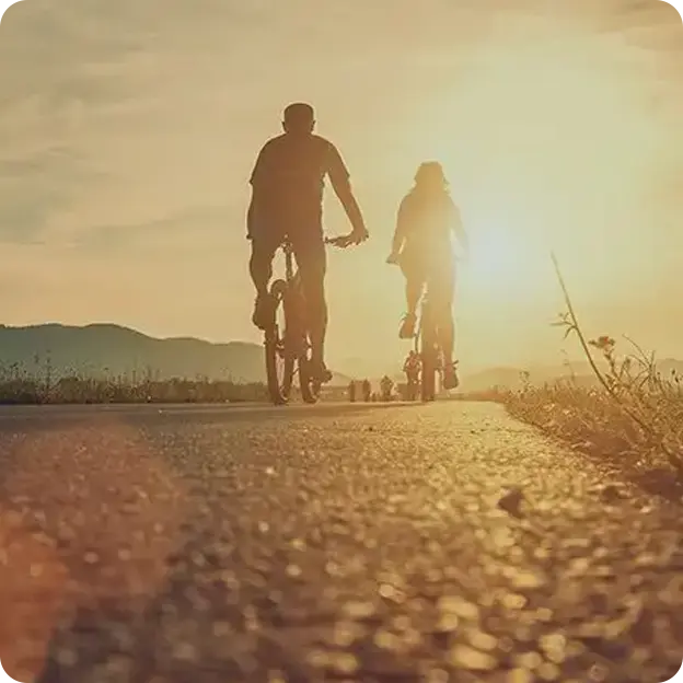 People biking on street into sunset.