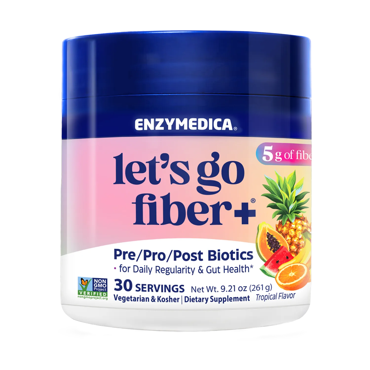Enzymedica 'let's go fiber+' supplement container on a white background