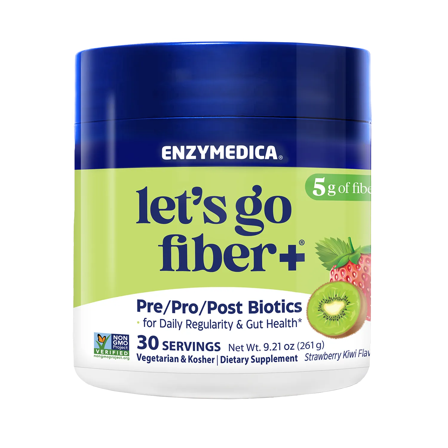 Enzymedica 'let's go fiber+' supplement container on a white background