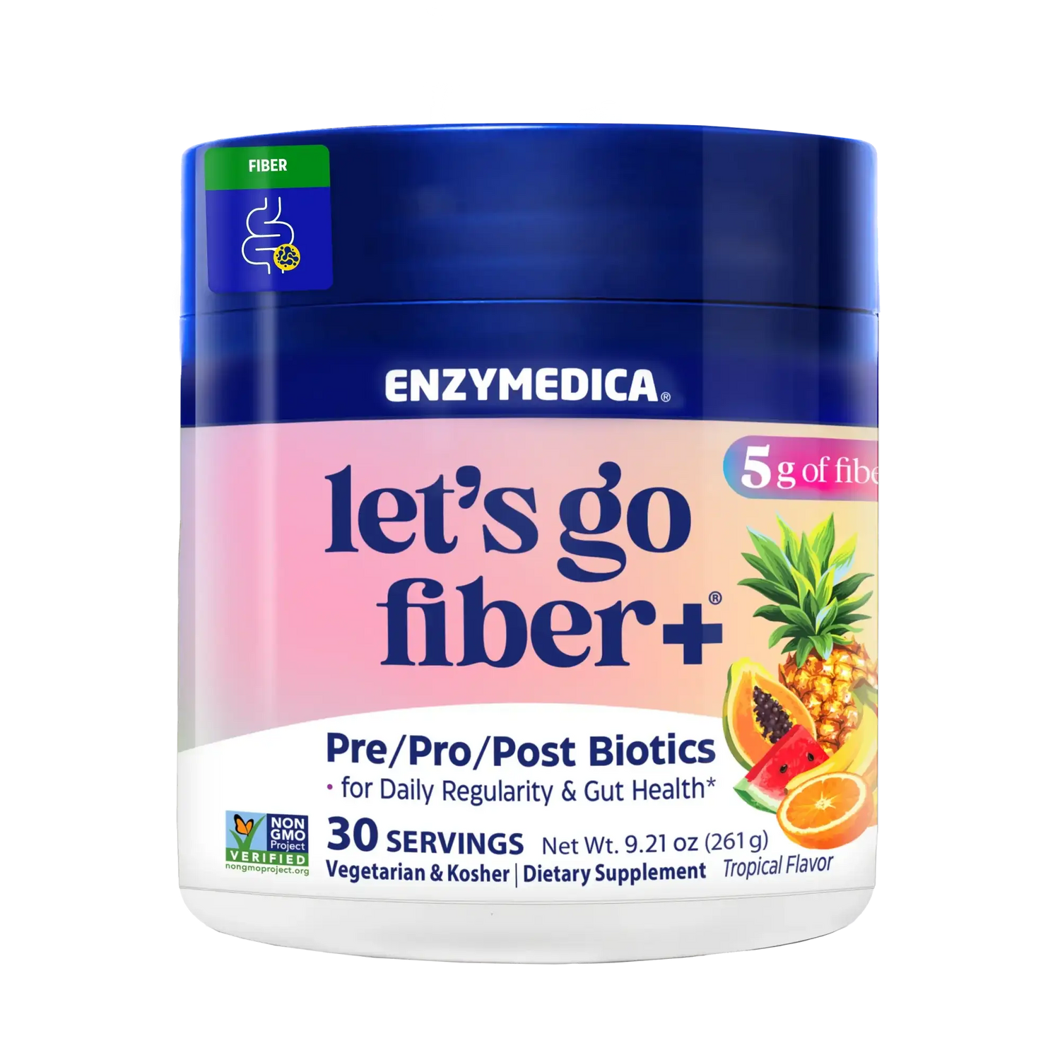 Canister of Lets Go Fiber Tropical Flavor.