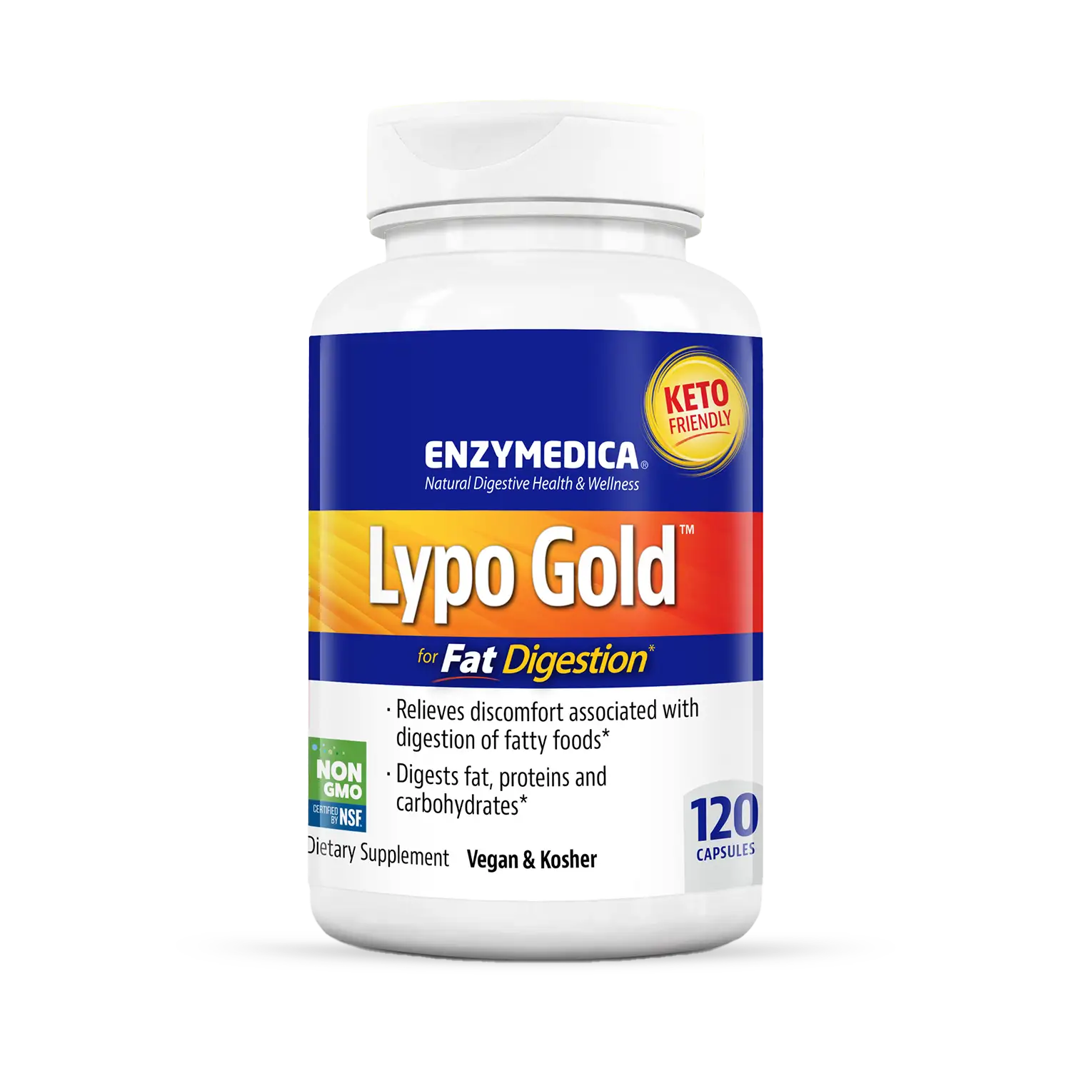 This image shows a bottle of Lypo Gold 120 capsules. 