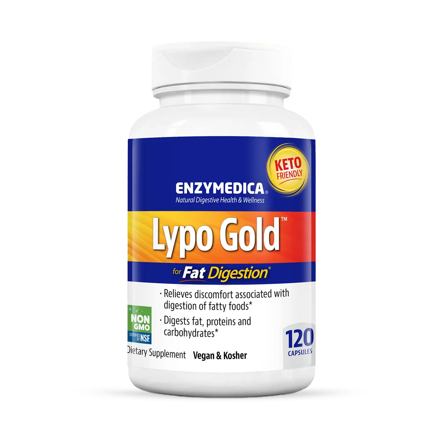 This image shows a bottle of Lypo Gold 120 capsules. 