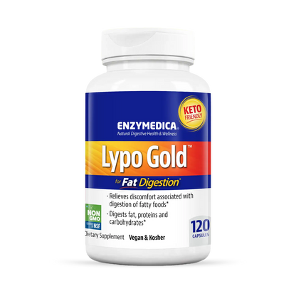 This image shows a bottle of Lypo Gold 120 capsules. 