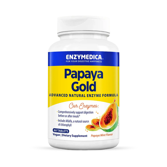 This image shows a container of Papaya Gold that holds 60 tablets.