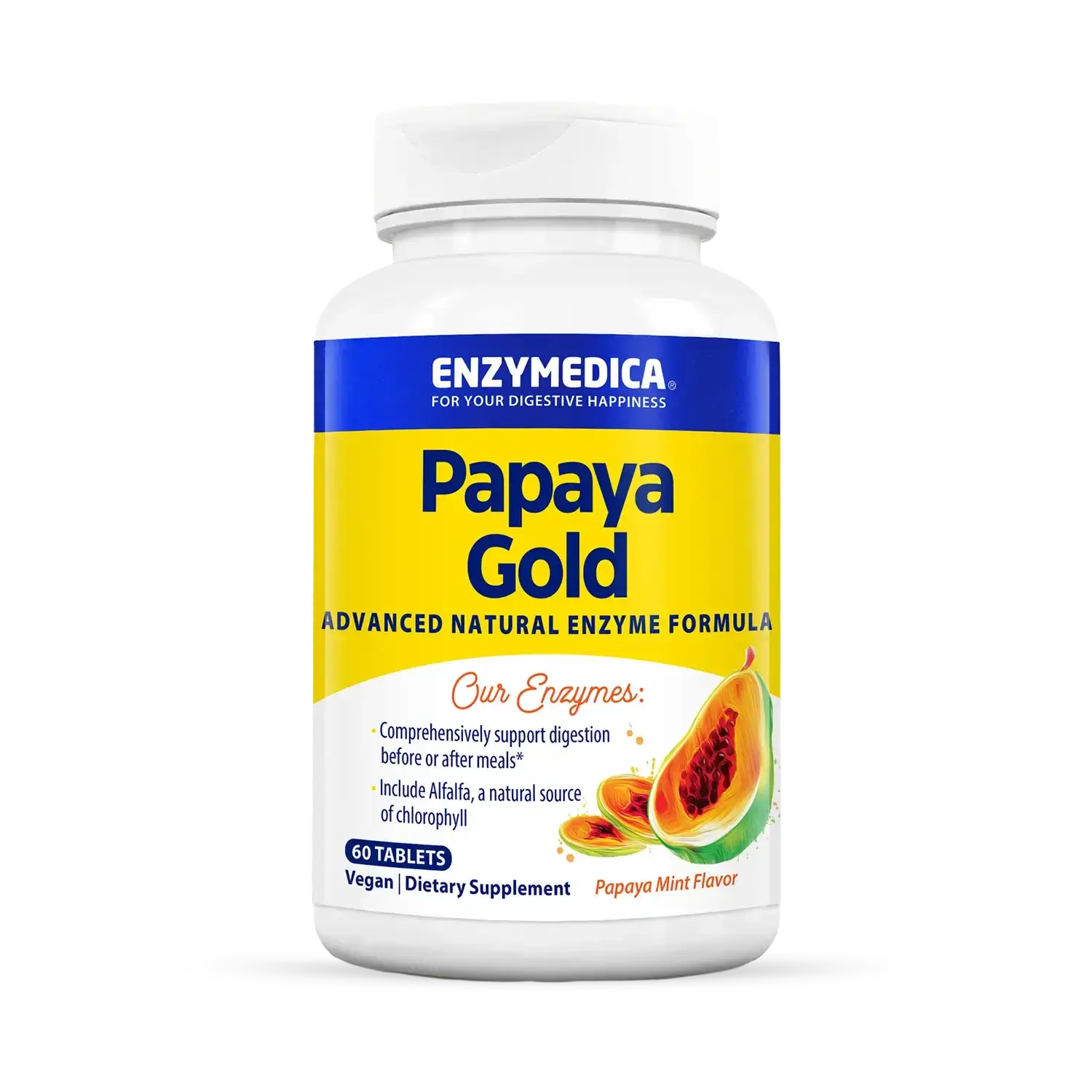 This image shows a container of Papaya Gold that holds 60 tablets.