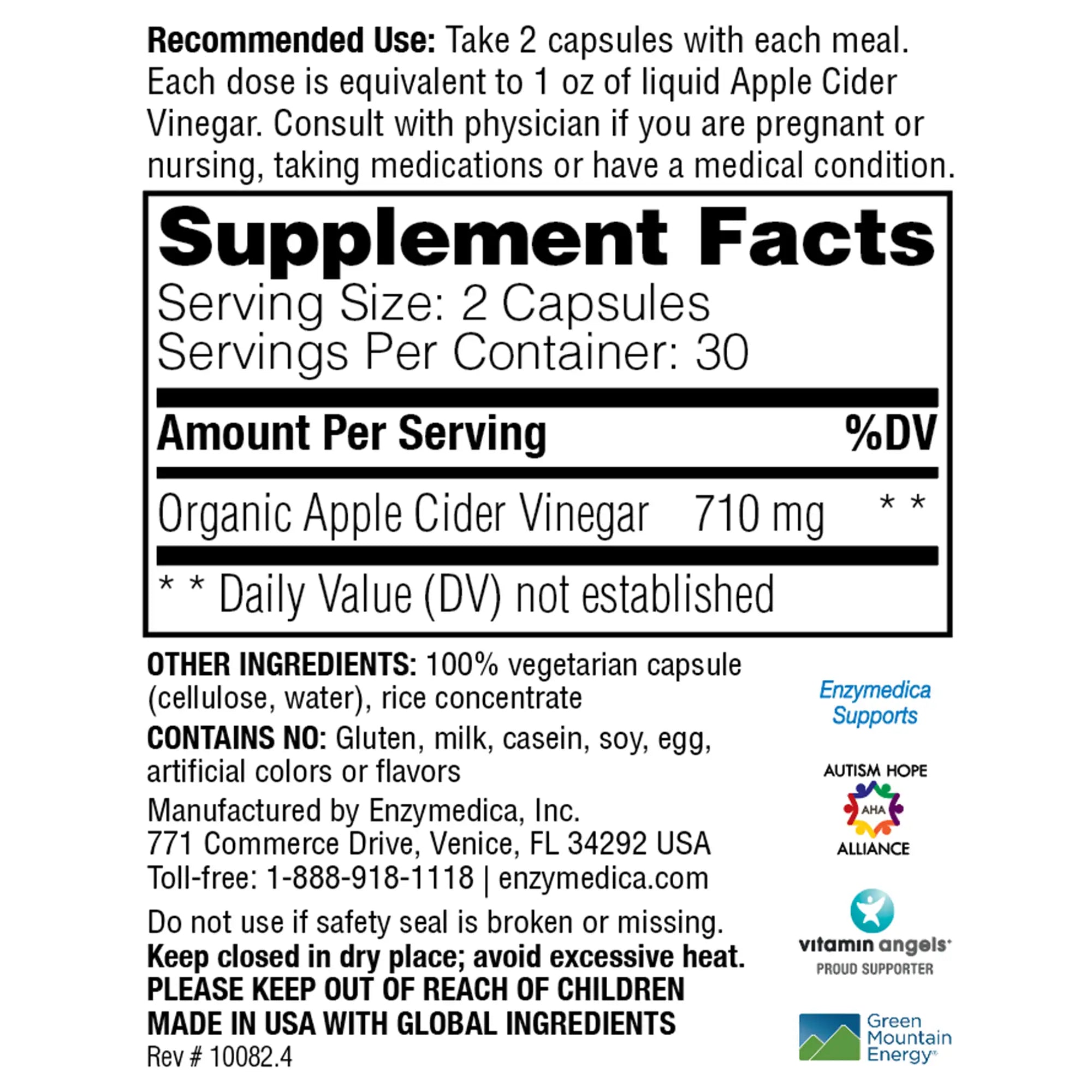 This image shows the supplement facts or Apple Cider Vinegar.