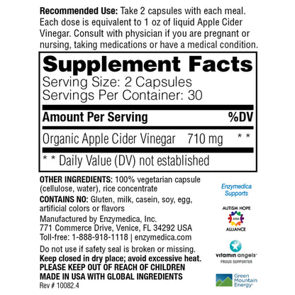 This image shows the supplement facts or Apple Cider Vinegar.