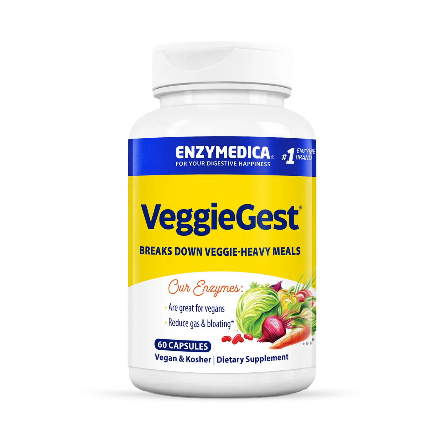 This image shows the 60 capsules bottle of VeggieGest.