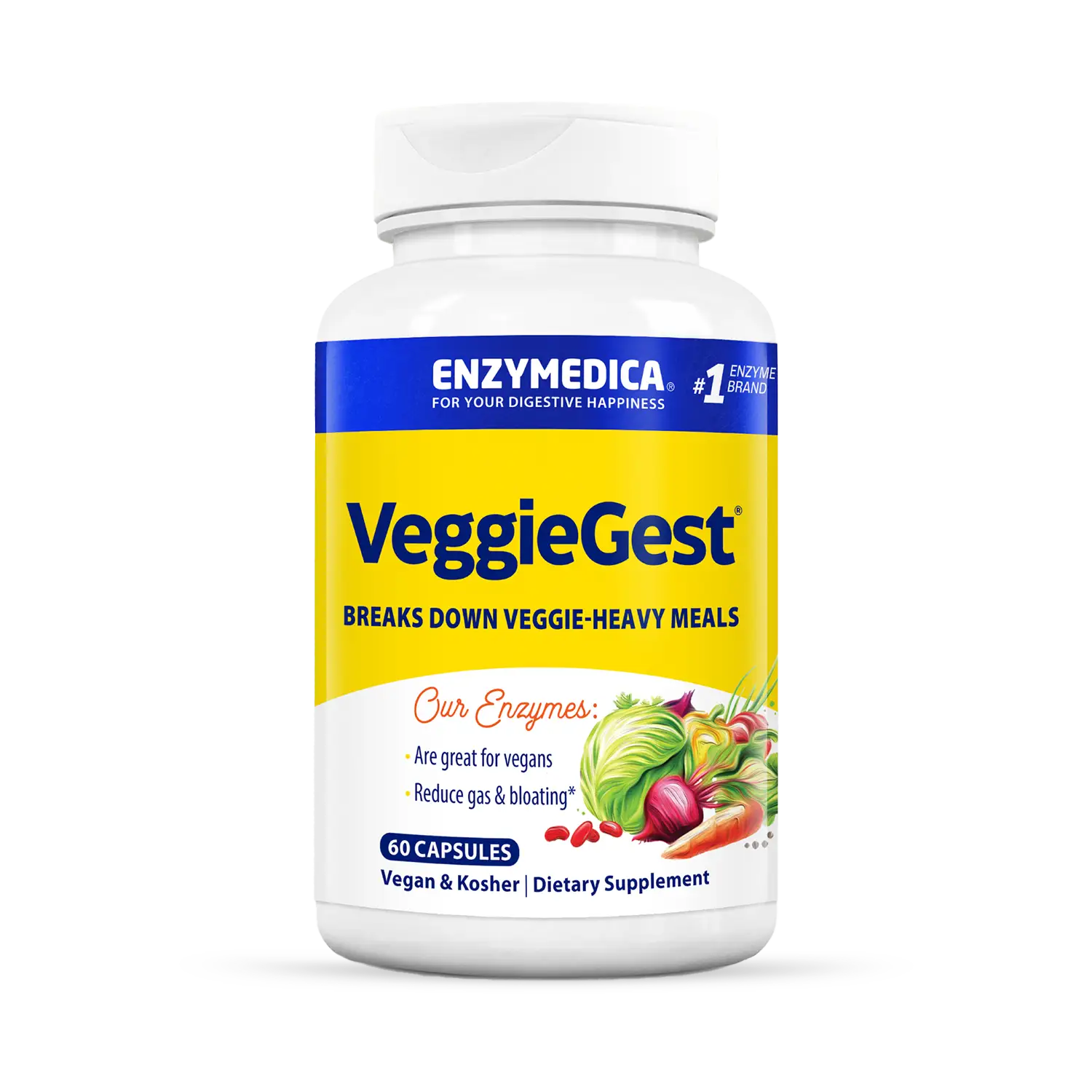 This image shows the 60 capsules bottle of VeggieGest.