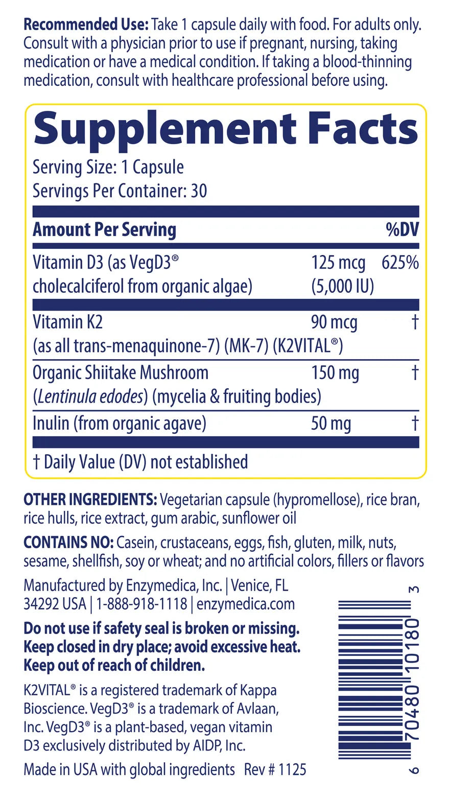 Supplement facts list for Enzymedica's Product Vitamin D3+K2