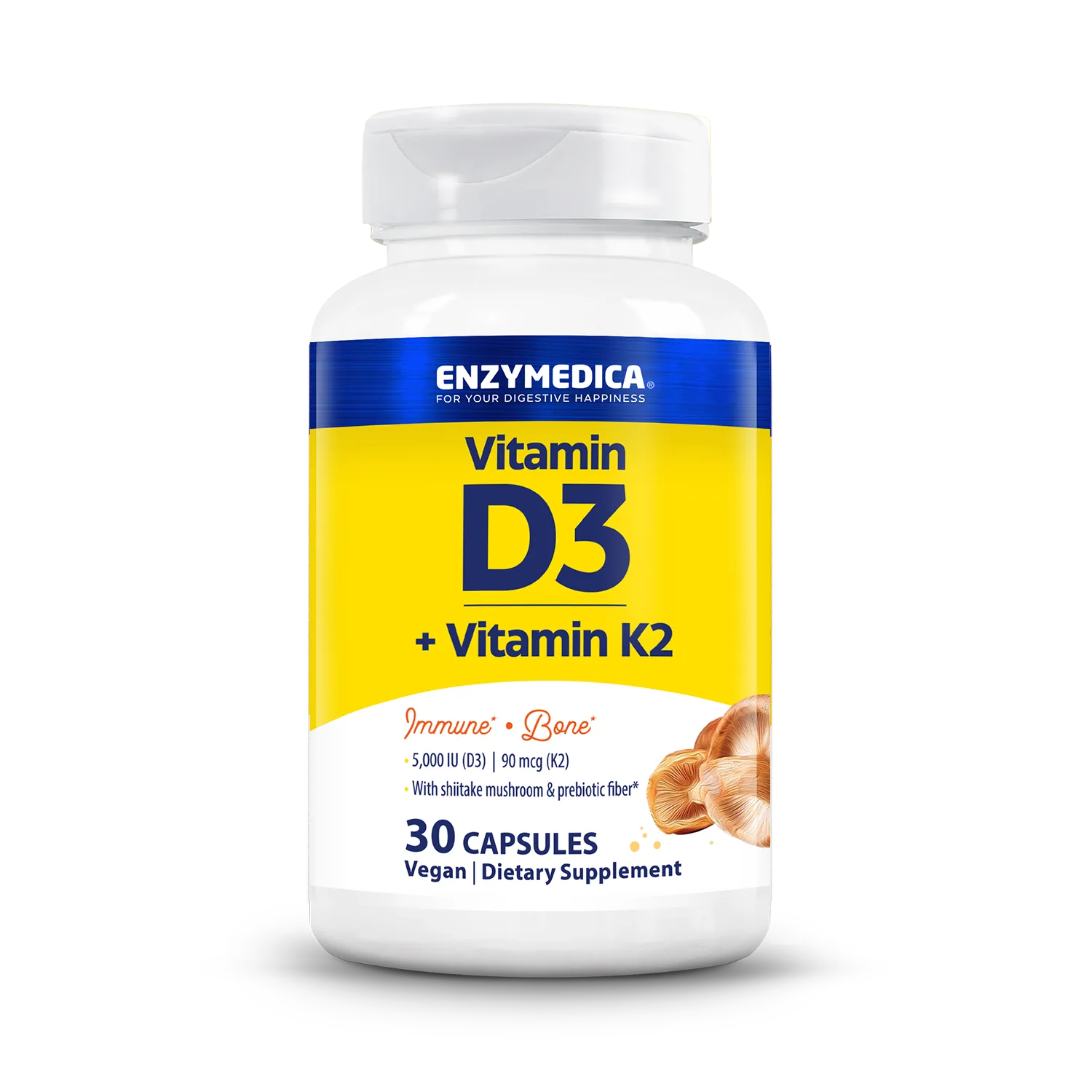 Bottle of Vitamin D3+K2 that holds 30 capsules.