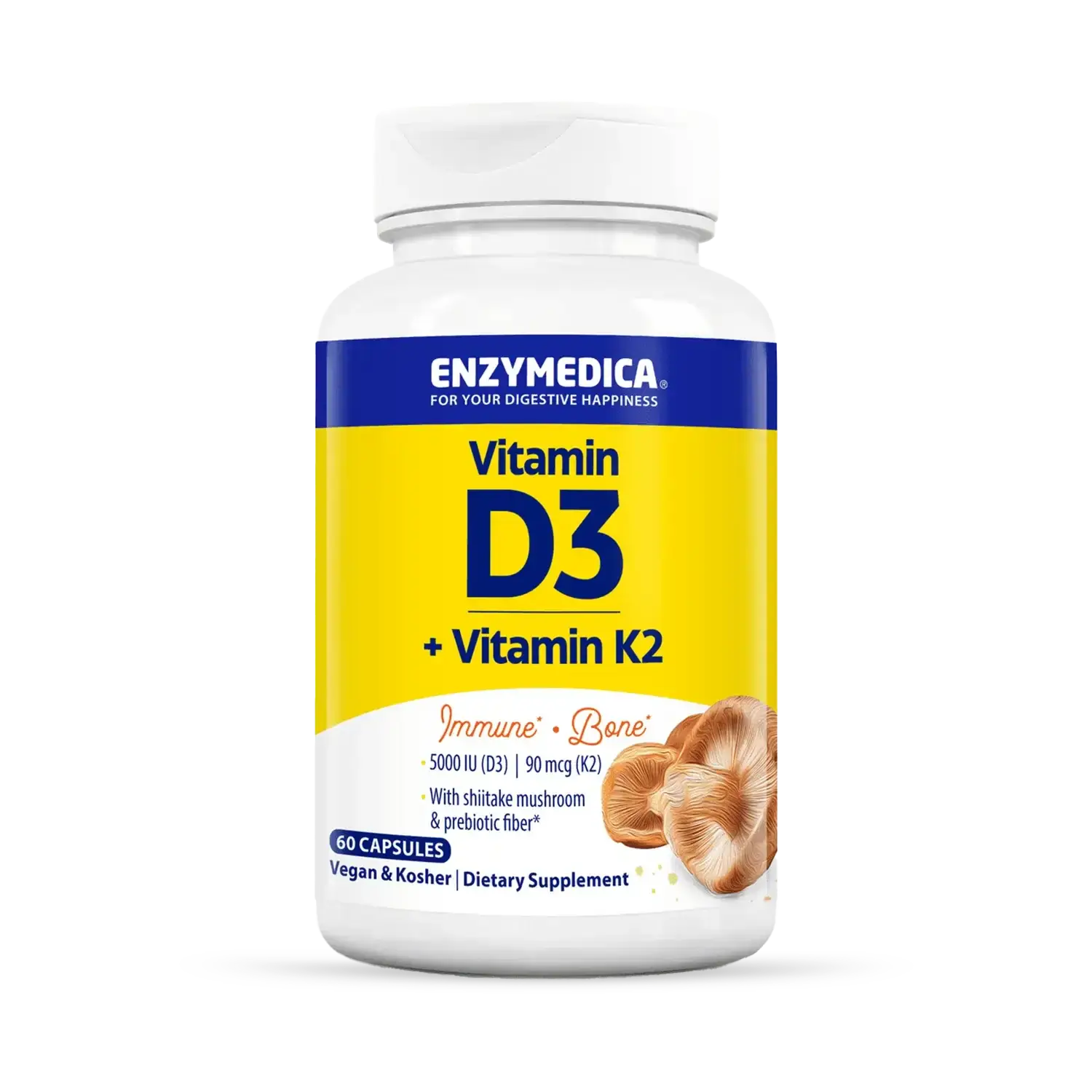 This image shows the bottle of 60 capsules Vitamin D3 + Vitamin K2.