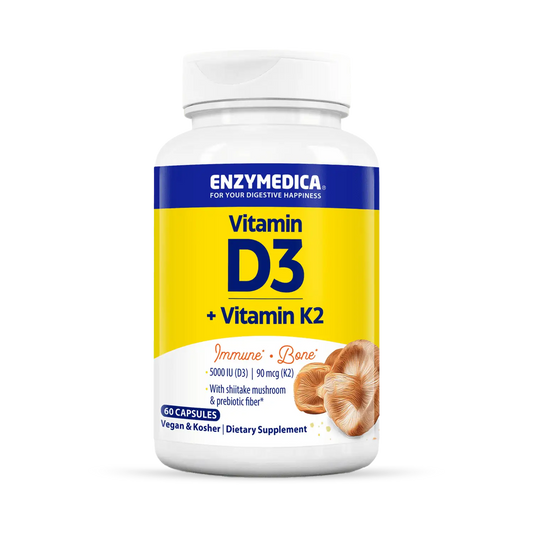 This image shows the bottle of 60 capsules Vitamin D3 + Vitamin K2.