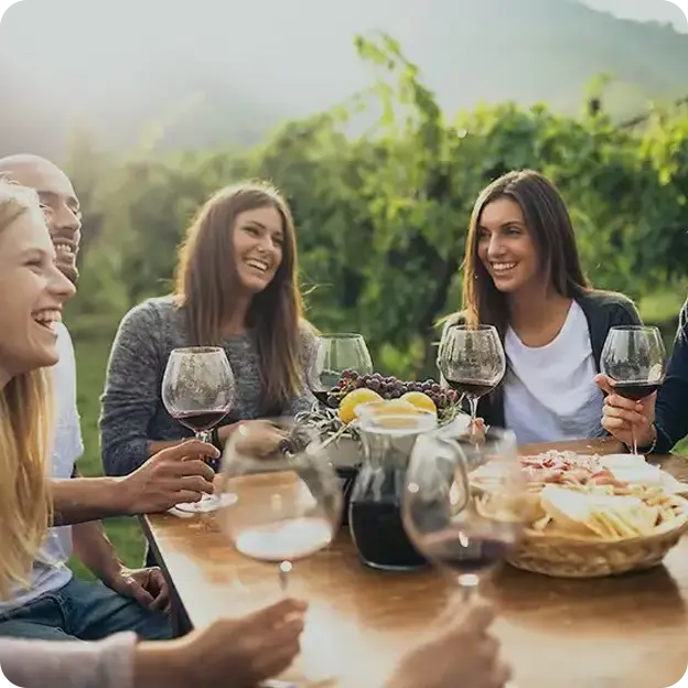 A group of people talking and enjoying wine together.