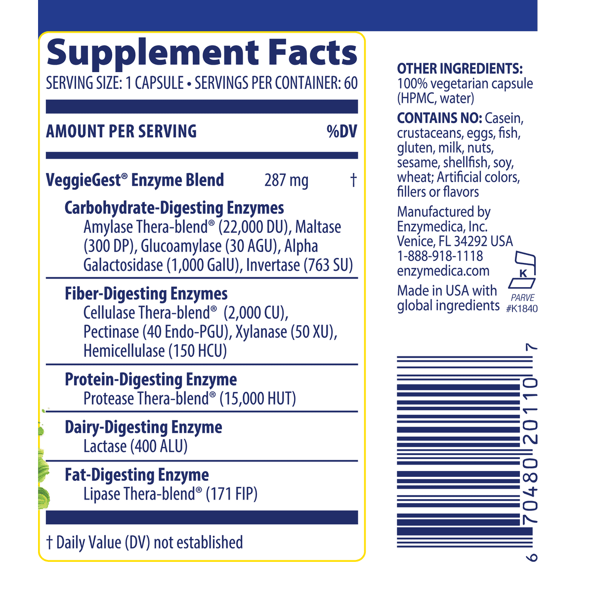 VeggieGest™ supplement facts.