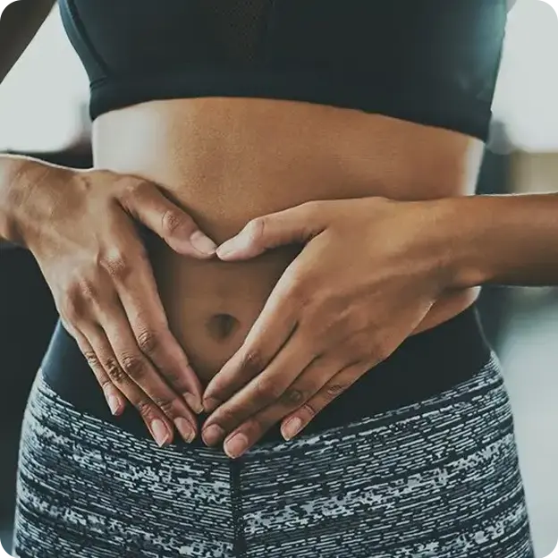 Woman holding her stomach.