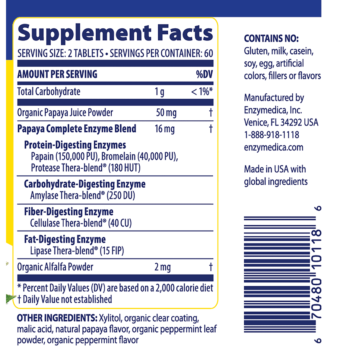 Supplement facts for Papaya Complete.